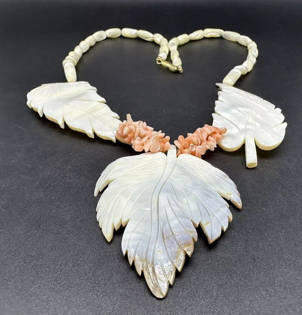 Mother of Pearl Angel Skin Coral Carved Leaves Bead Necklace 24” Long