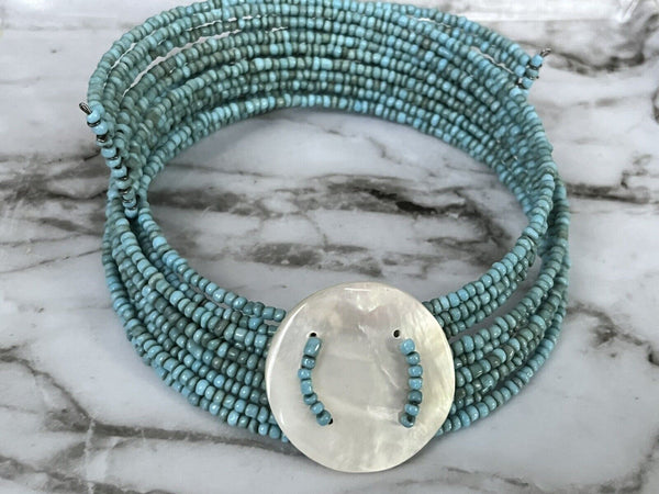 Mother Of Pearl Faux  Turquoise Seed  Memory Wire Flex Wrap Necklace 15” Long