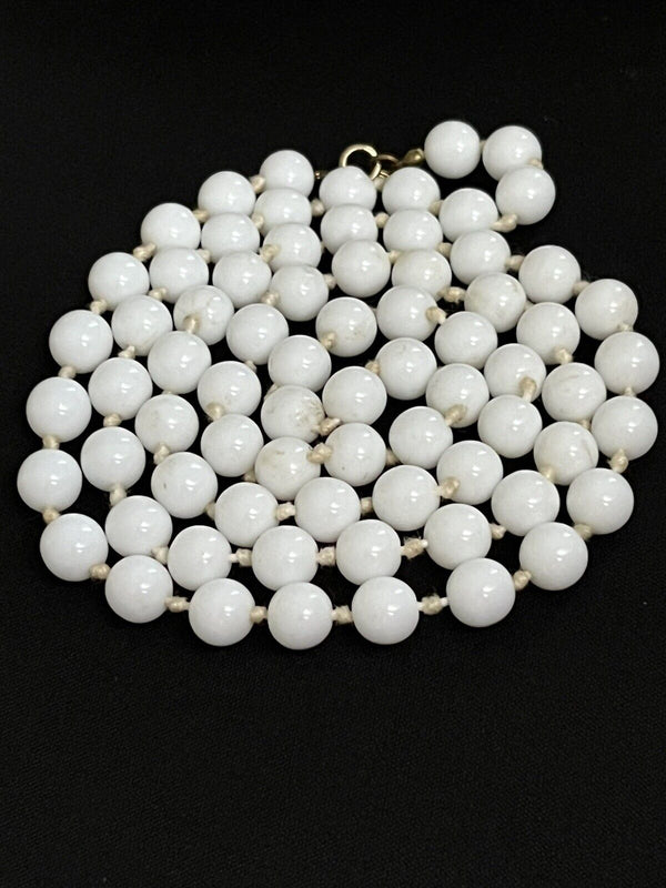 Vintage White Milk Glass Necklace 32” Hand Knotted