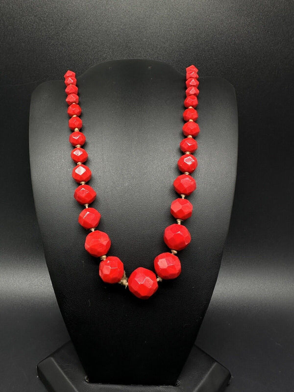 Vintage Red Glass Necklace Art Deco Faceted Beads 32” Long Single Strand Antique
