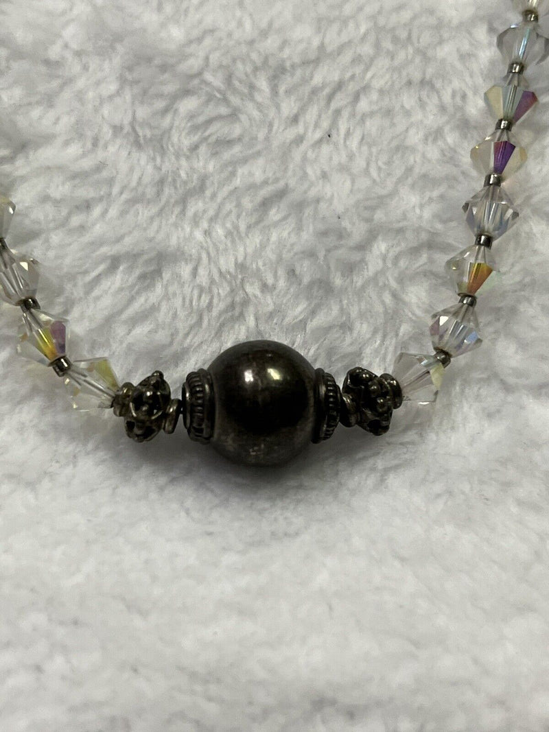 1950s Sterling Silver Faceted Aurora Borealis Crystal Glass Bead Necklace 16”