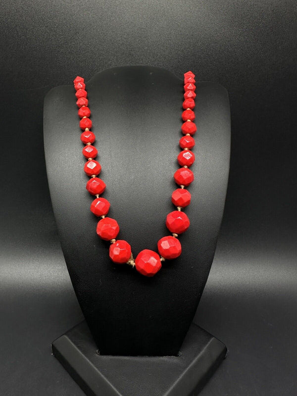 Vintage Red Glass Necklace Art Deco Faceted Beads 32” Long Single Strand Antique