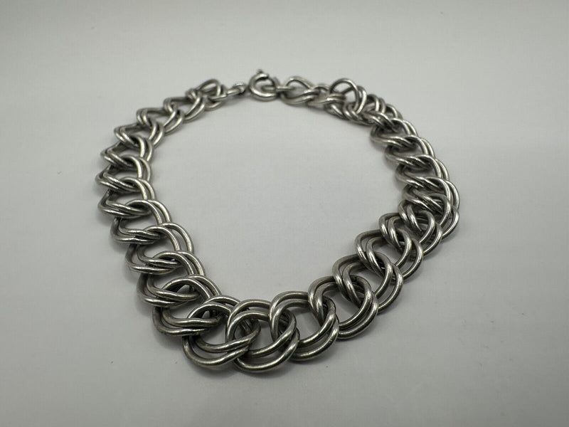 Vintage Sterling Silver Chain Link Charm Bracelet 7.25” Long 8mm Wide~9.7grams