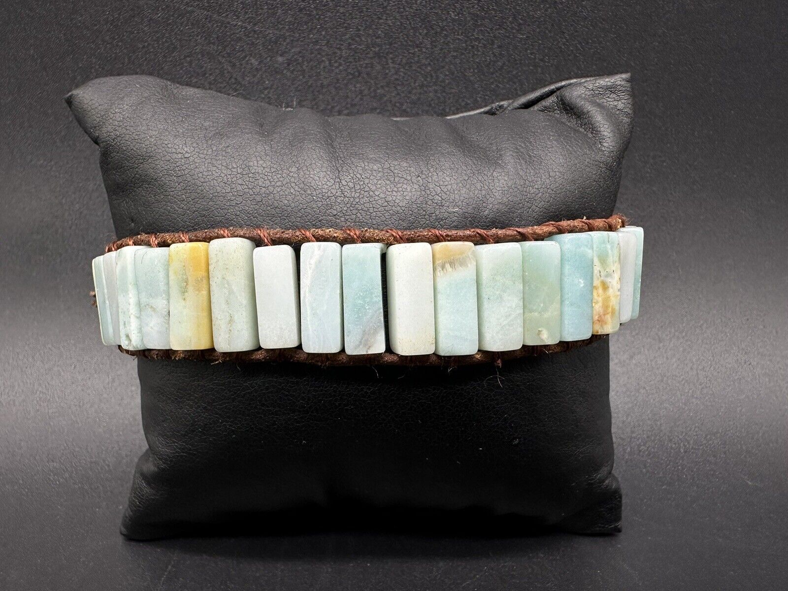Natural Stone Leather Wrap Bracelet Bead Amazonite Chain Cuff Bracelet 7”