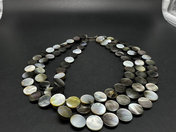 Sterling Silver Round Mother of Pearl Disk Glass Bead Necklace Abalone Shell 16”
