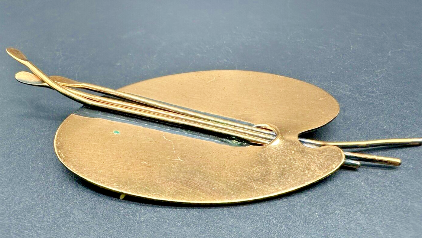 Vintage Mid Century unsigned Copper Renoir Paint Palette & Brushes Brooch