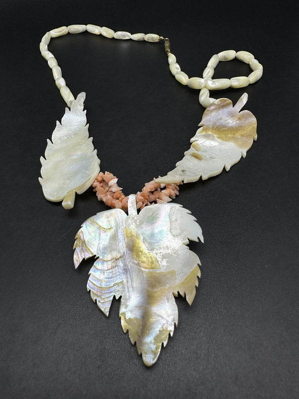 Mother of Pearl Angel Skin Coral Carved Leaves Bead Necklace 24” Long