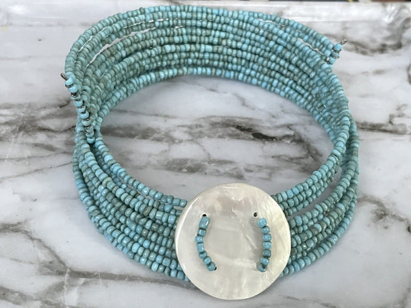 Mother Of Pearl Faux  Turquoise Seed  Memory Wire Flex Wrap Necklace 15” Long