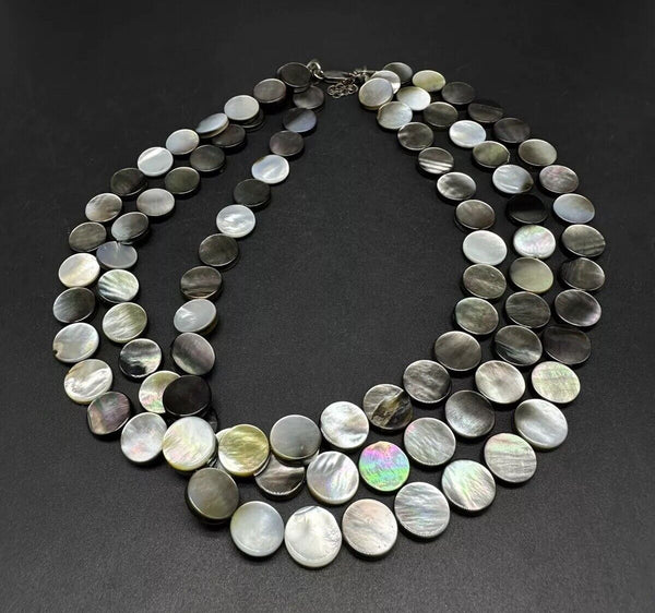 Sterling Silver Round Mother of Pearl Disk Glass Bead Necklace Abalone Shell 16”
