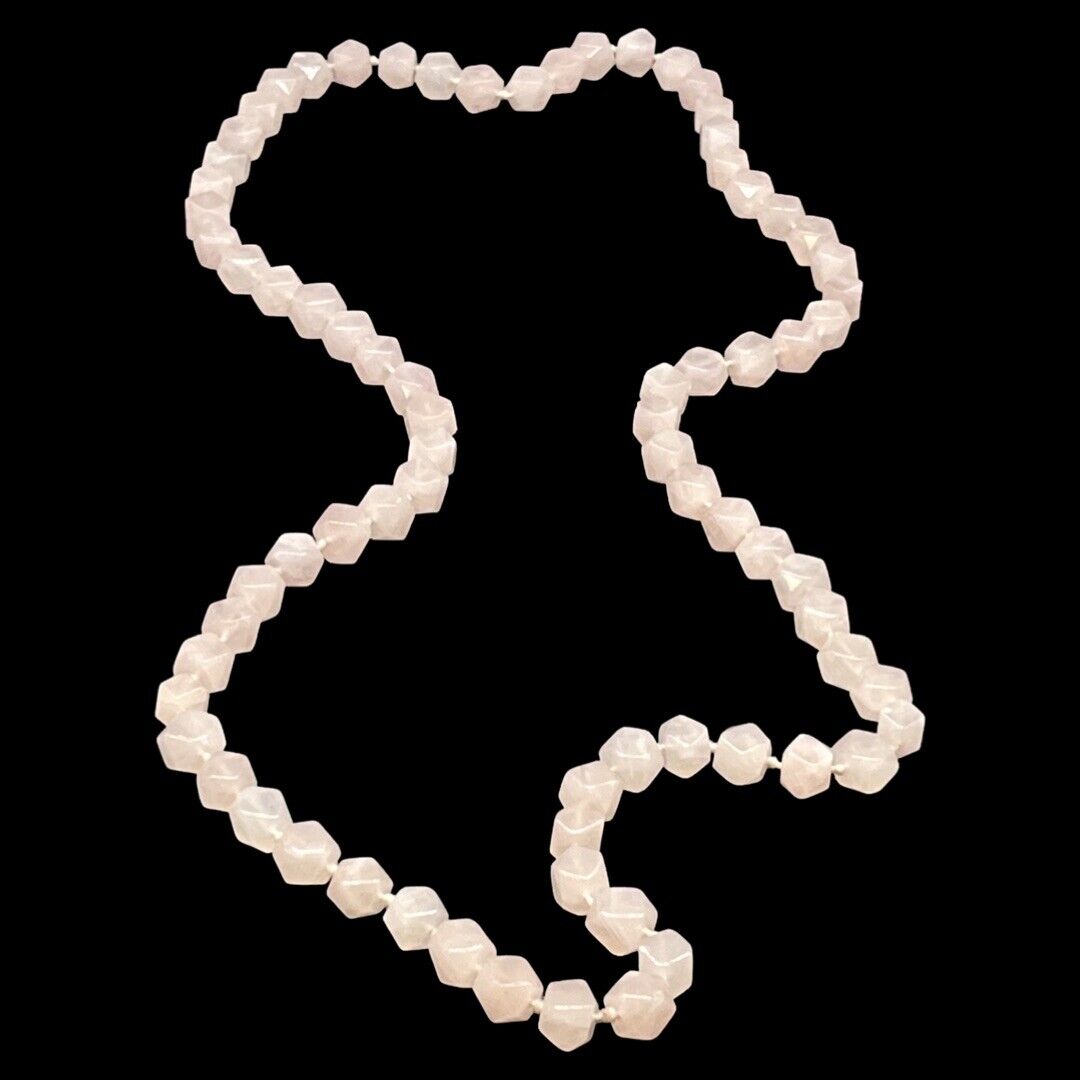 Vintage Pink Rose Quartz Hexagon Knotted Bead Necklace 34" Long