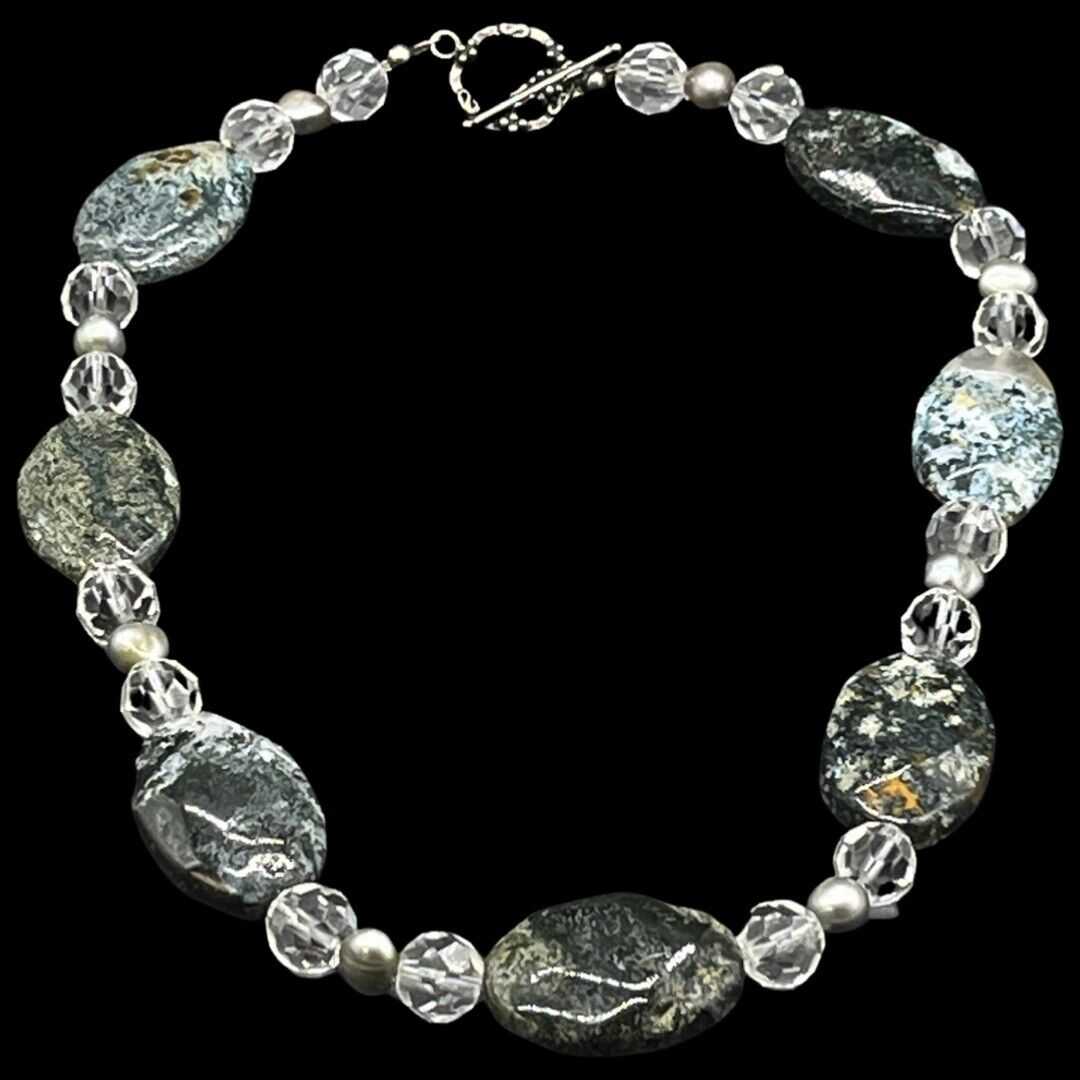 Chrysocolla Crystal Pearl Bead Sterling Silver Clasp Gemstone Necklace 16” long