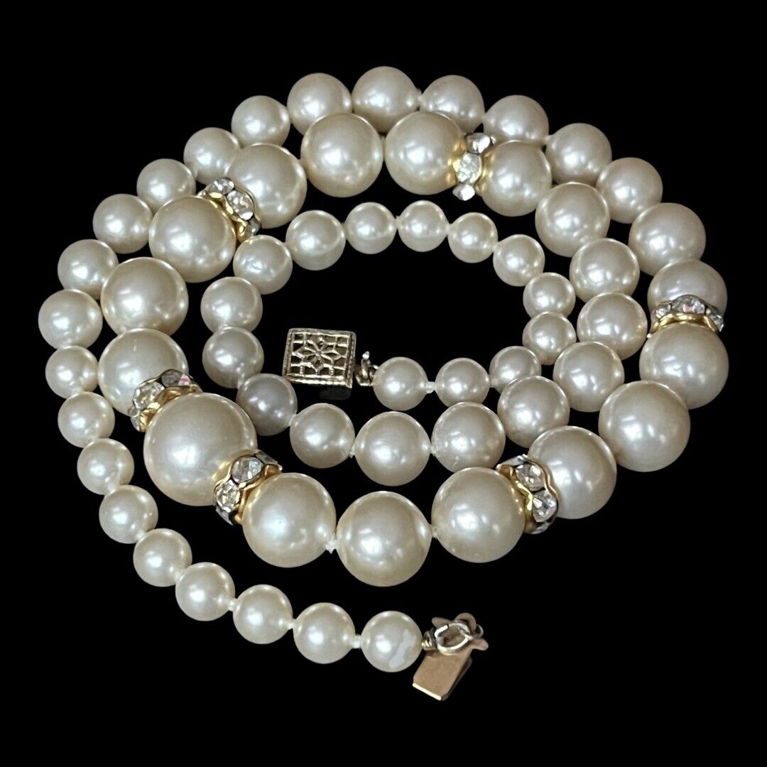 Vintage Gold Filled Graduated Faux Pearls And Rhinestones Necklace 19” Long