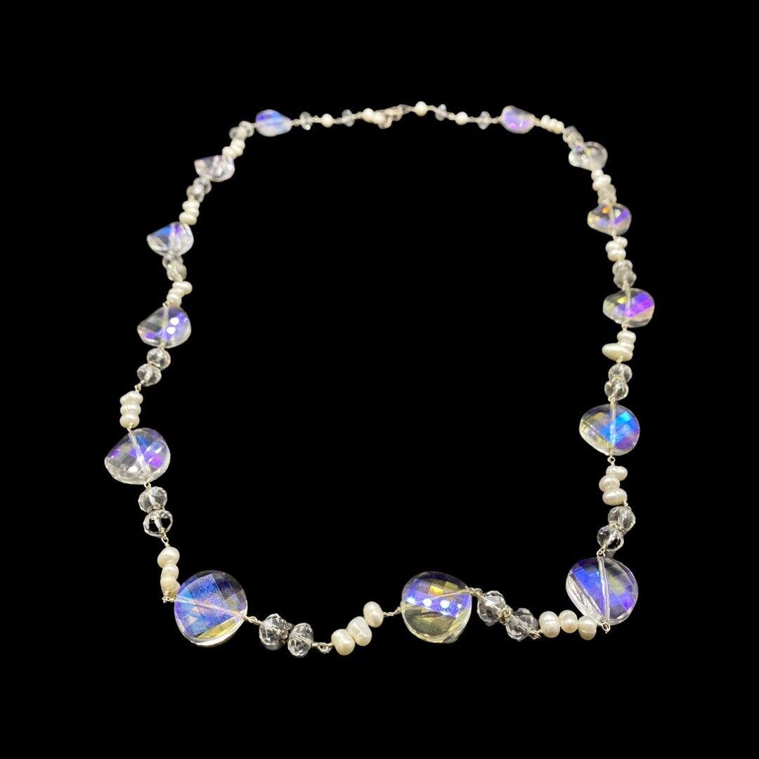 Vintage Silver Aurora Borealis 925 Sterling Silver Bead Pearl Necklace 17-18"