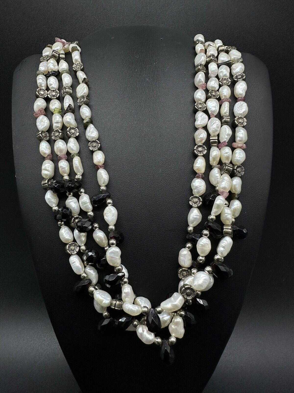 Vtge Freshwater Pearl & Black Faceted Glass Bead Multi-Strand Necklace with Gold Filled Accents