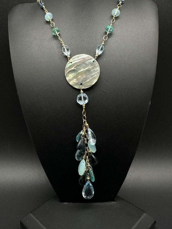 Vintage 925 Vermeil Statement Abalone Y-Drop Chandelier Elegant Necklace 32"