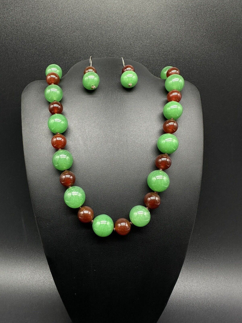 22” Sterling Carnelian Aventurine Gemstone beads Necklace 98G & Earrings Set 9Gs