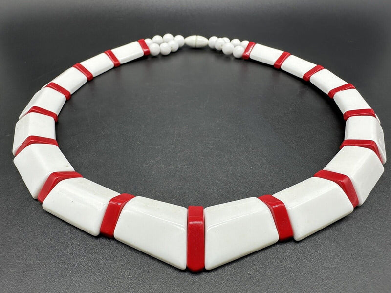 Vintage Lucite White and Red Necklace 19”  & Bracelet 8” Set