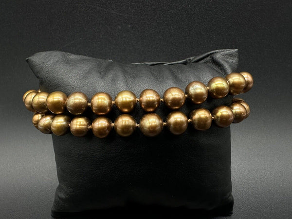 2 Strand Genuine Chocolate Pearls Beaded Bracelet Gold Tone Clasp