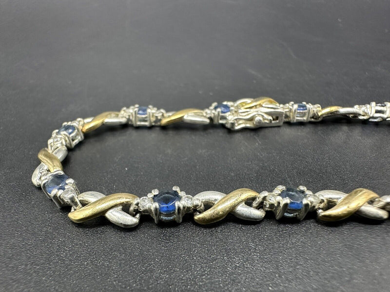 Sterling Silver Tennis Bracelet Two Tone Blue Stone CZ Bracelet 7” 9Gs