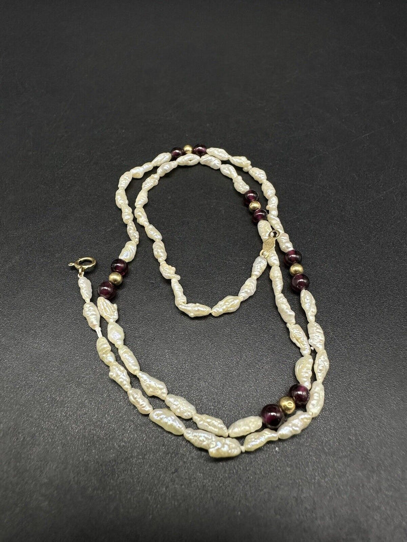 Vintage Genuine Seed Pearls Garnet Necklace 16”
