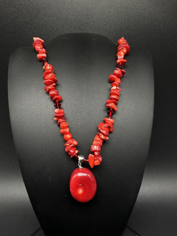 Red Coral statement necklace /Silver Pendant Necklace 19”