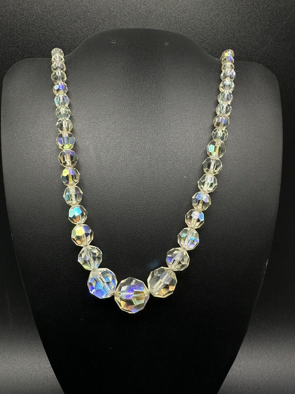 Vintage Clear Aurora Borealis Faceted Graduated Crystal Strand Necklace 20