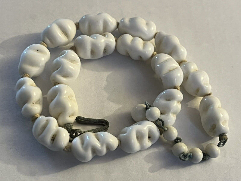 Vintage Miriam Haskell? White Milk Glass Necklace Twisted Glass Hand Knotted 15”