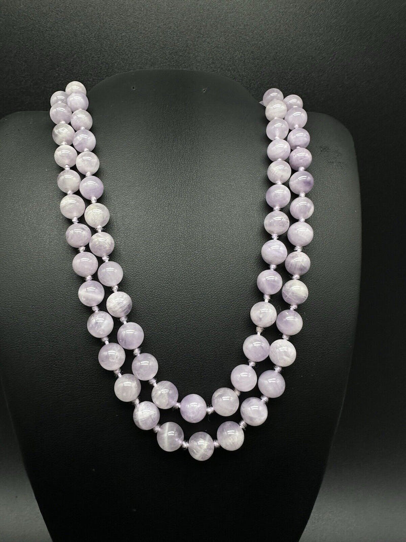 Natural Purple Lavender Amethyst Knotted Gemstone Beaded Necklace 32” Long