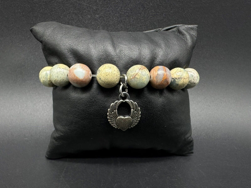 Stretch Jasper? Natural Stone Bead Bracelet 925 Sterling Silver Heart Charm 7”