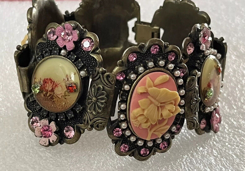 Antique Victorian Porcelain Rhinestone Floral Link Panel Bracelet 7.5”~Highend~