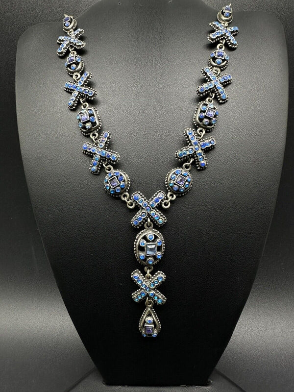 Vintage Statement BLUE RHINESTONE Y DROP NECKLACE 18