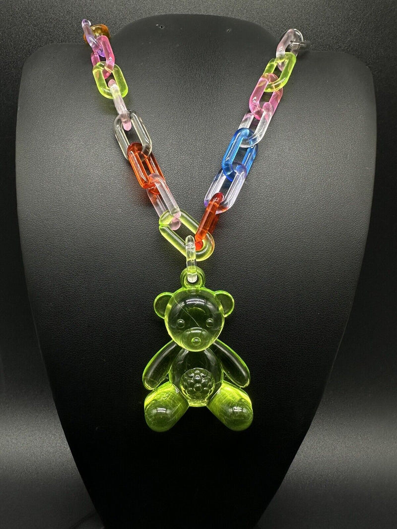 Acrylic Cable Link Chain Crystal Lime Green Bear Pendant Necklace 18” Long