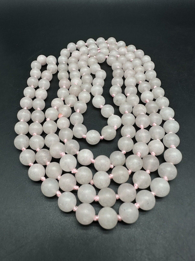 Natural Pink Rose Quartz Round Knotted Beads Necklace 56” Long