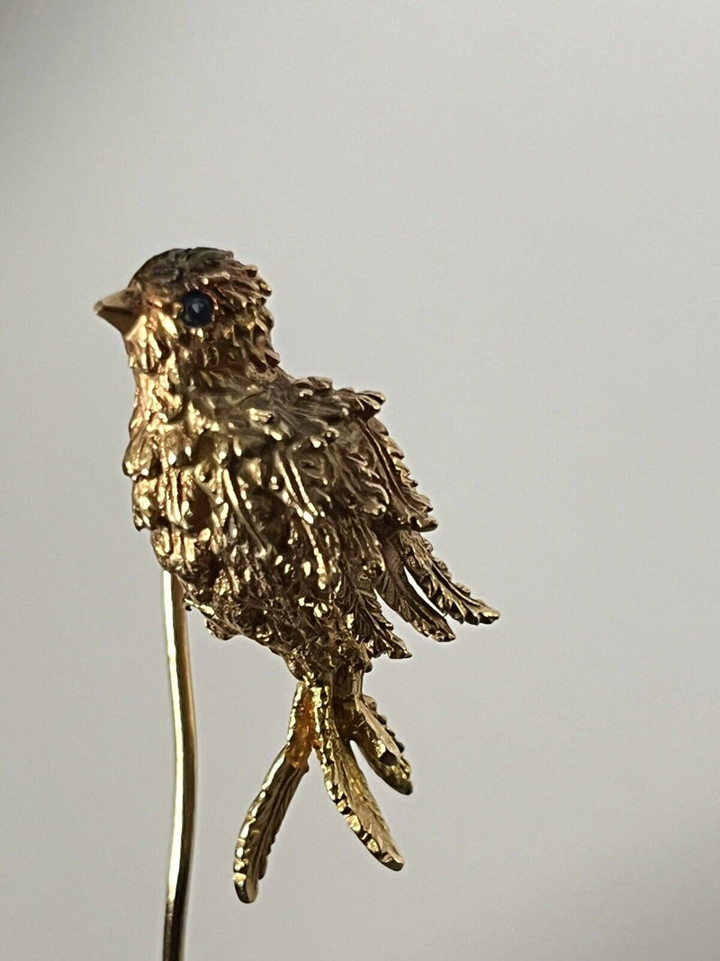 Vintage 14k Yellow Gold & Topaz 3D Figural Bird Designed Stick Pin~6 Grams~2.5”