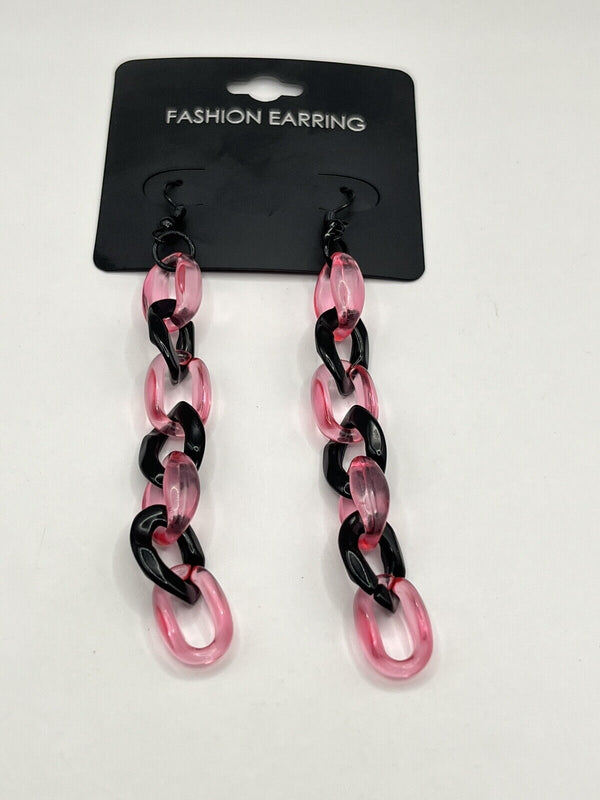 Fun Acrylic  Mix Link Chain Dangle Pink Clear Plastic Earrings 3.5”