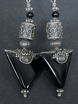 Vintage Sterling Silver Black Tourmaline Dangling Drop Earrings 2.5”