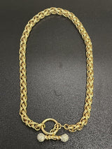 Gold-Tone Wheat Link Chain Choker Necklace 7mm Rhinestone Clasp 16”