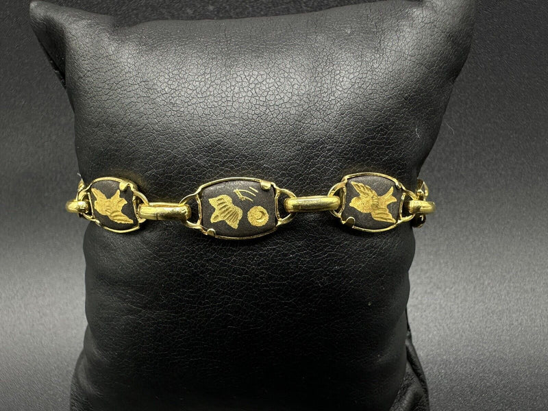 Damascene Bracelet Birds and Flowers gold tone and black enamel safety chain 7”