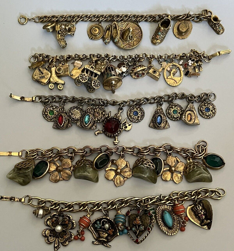 Vintage Gold Tone Charm Statement Bracelets Lot Of 5~ Lots Of Charms!