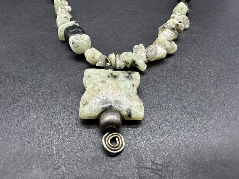 Leather  Polished Carved Stone Necklace 18”