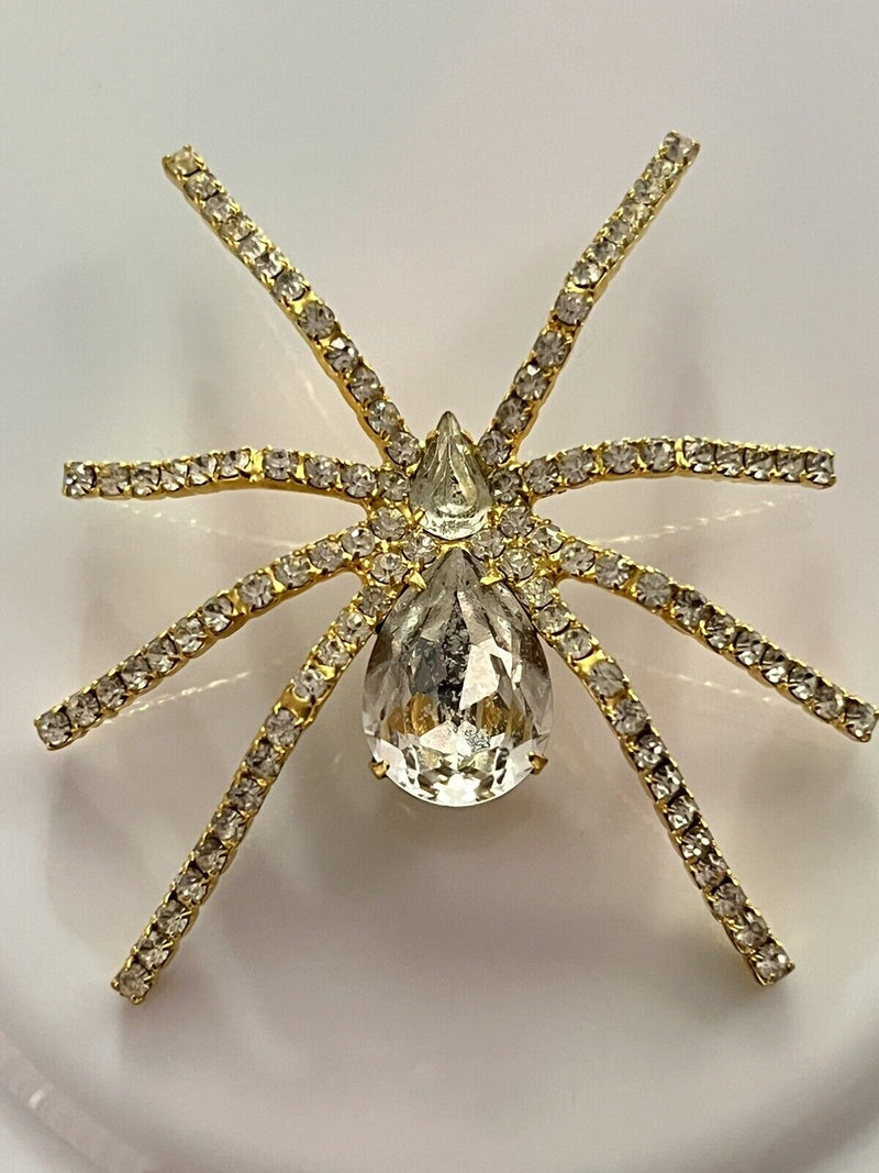 Clear Crystal Rhinestone Gold Tone  LARGE SPIDER Pin Brooch 2.5”