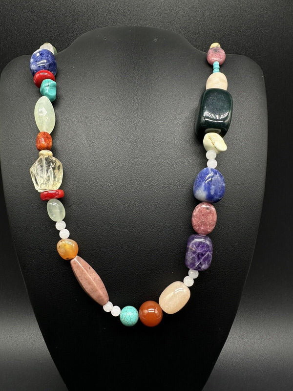 Semi Precious Gem Stone Bead Necklace 24” Agate Beads 925 Lobster Clasp