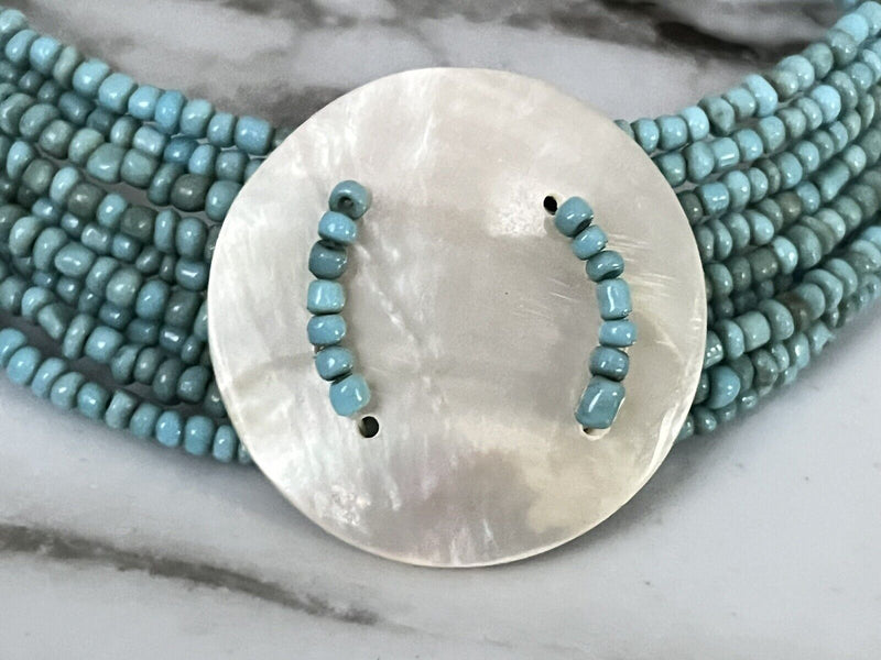 Mother Of Pearl Faux  Turquoise Seed  Memory Wire Flex Wrap Necklace 15” Long