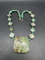 Beaded African Turquoise Abalone Square Pendant Sterling Silver 925 Necklace 20”