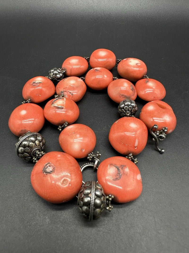 Pink Bamboo Coral Chunky Sterling Silver Bead Necklace 18”