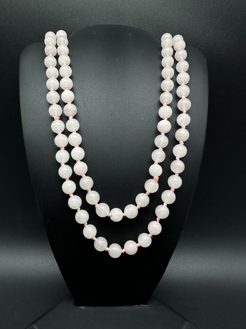 Natural Pink Rose Quartz Round Knotted Beads Necklace 56” Long