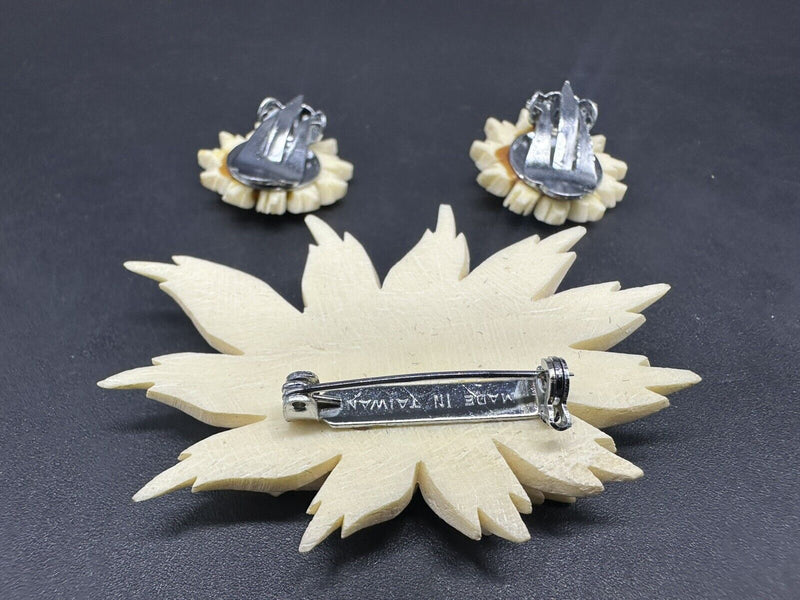 Vintage Celluloid White Layered Flower Carved Brooch & Earrings Set