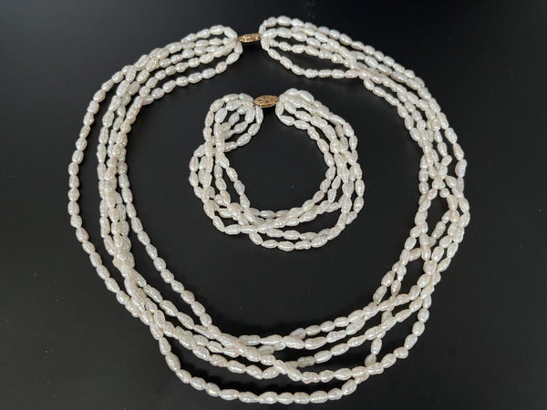 5 Strand Freshwater Pearl Seed Bead Bracelet & Necklace Set 14k Gold Clasp 20”