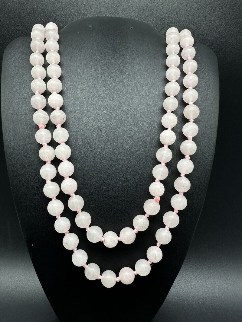 Natural Pink Rose Quartz Round Knotted Beads Necklace 56” Long