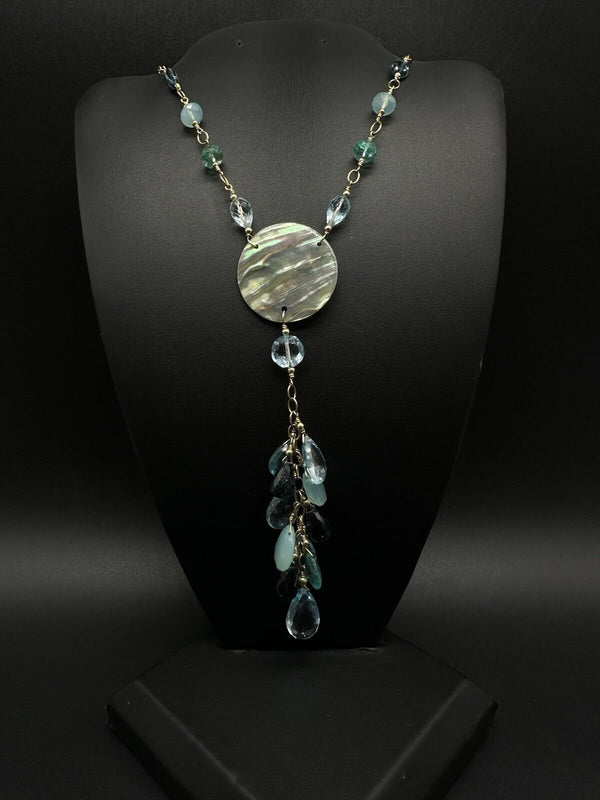 Vintage 925 Vermeil Statement Abalone Y-Drop Chandelier Elegant Necklace 32"